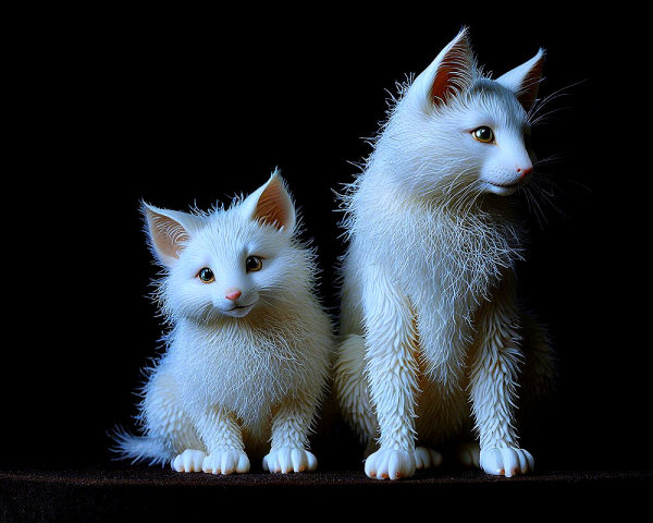 Two White Cats on Black Background with Playful Contrast