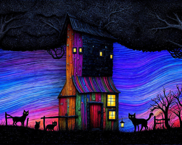 Whimsical Colorful House Surrounded by Cats at Sunset