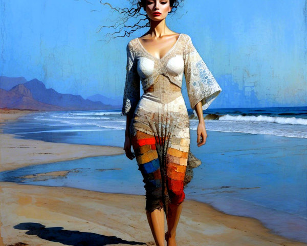 Woman in a flowing dress on a serene beach at sunset