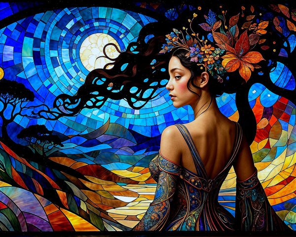 Woman in Ornate Dress Against Vibrant Stained Glass