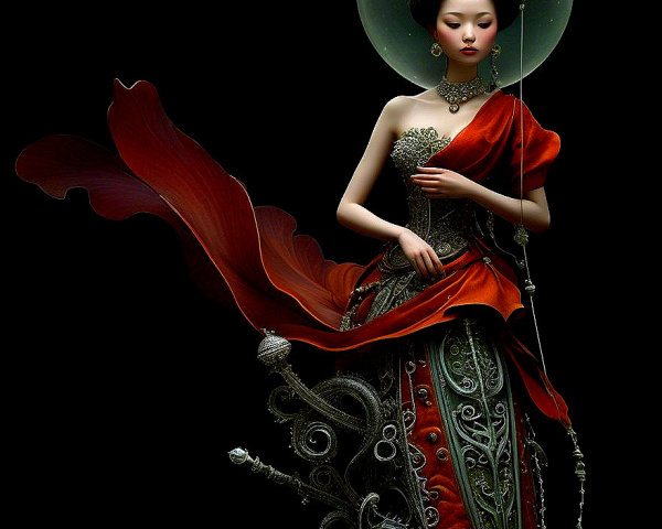 Ethereal Figure in Red Garment with Mystical Aura