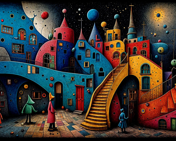 Whimsical Nighttime City Scene with Colorful Houses