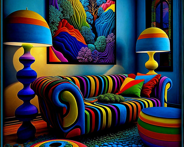 Vibrant Living Room with Striped Sofa and Colorful Decor