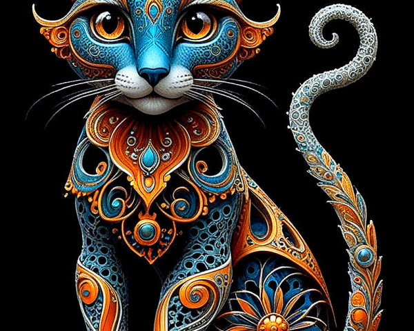Intricate Blue and Orange Cat Figure with Patterns