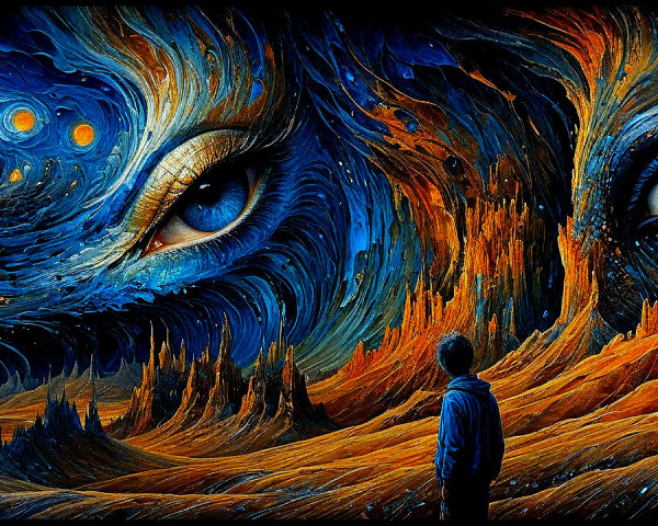 Cosmic Landscape with Eyes and Contemplative Figure