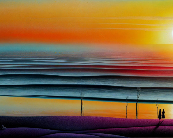 Serene Sunset Landscape with Silhouetted Figures