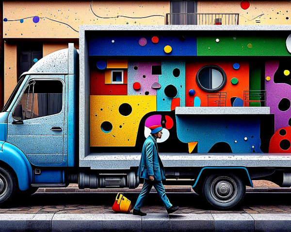 Multicolored Mural on Blue Delivery Truck in Urban Setting