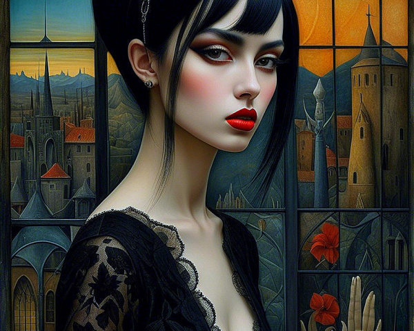 Mysterious Woman in Elegant Dress Against Cityscape