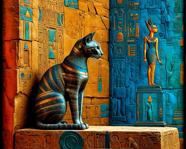 Ancient Egyptian Art Featuring Cat Statue and Goddess