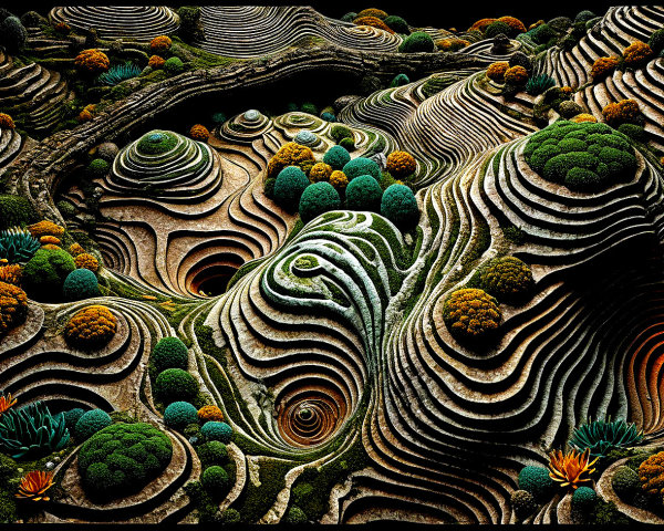 Surreal Landscape with Vibrant Hills and Flora