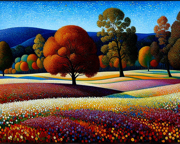Vibrant Landscape with Colorful Flowers and Hills