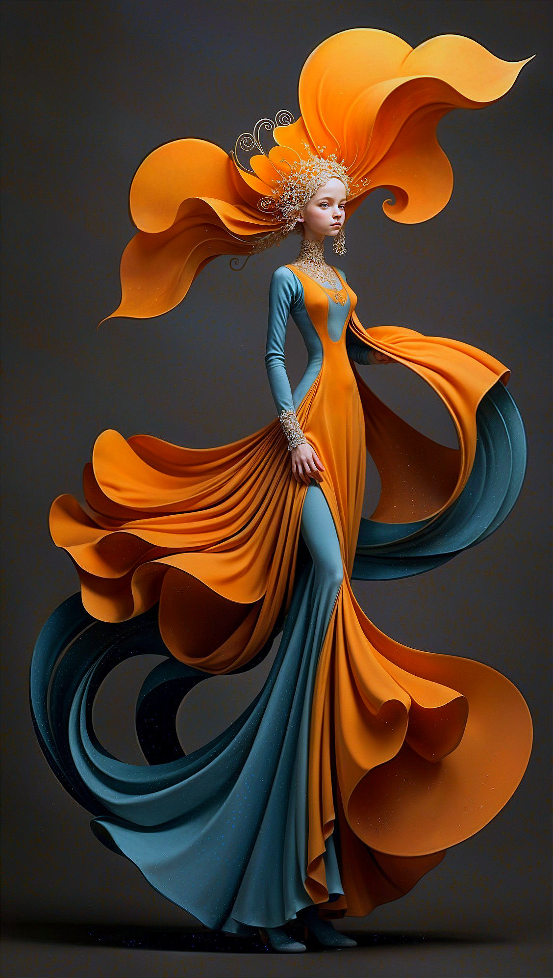 Stylized figure in vibrant gown with flowing layers