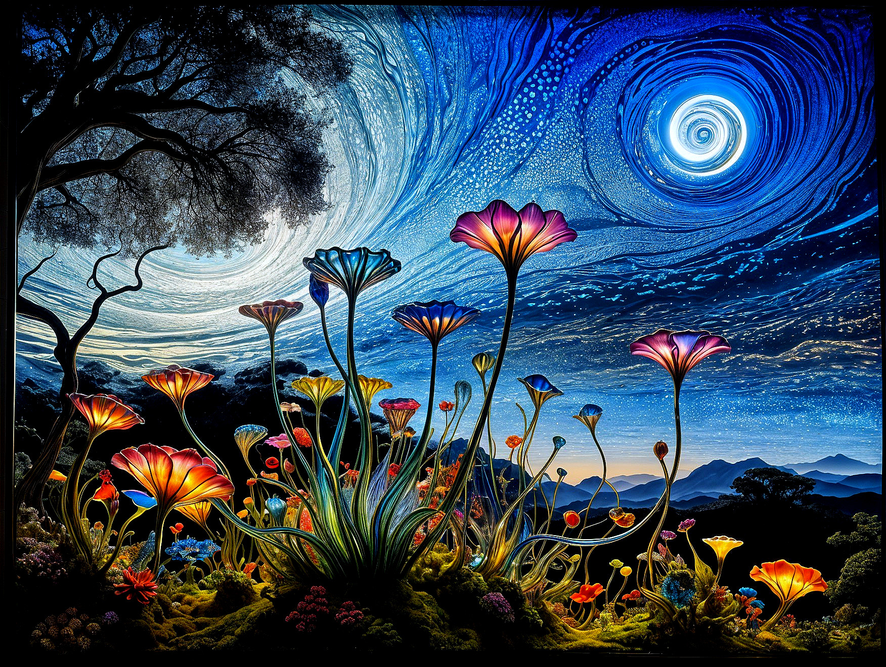 Surreal Landscape with Luminous Flowers and Cosmos