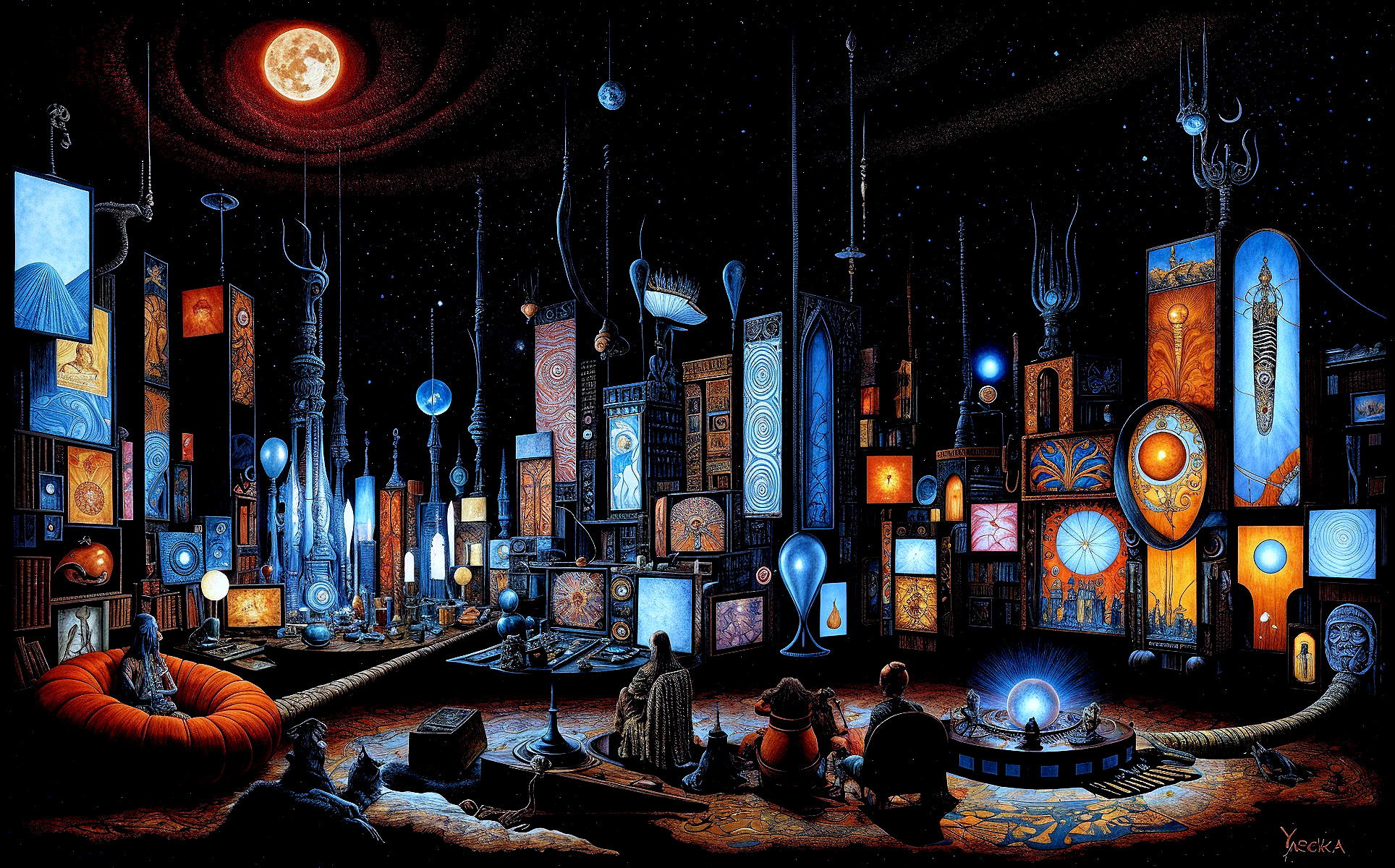 Surreal Room with Screens and Abstract Artworks