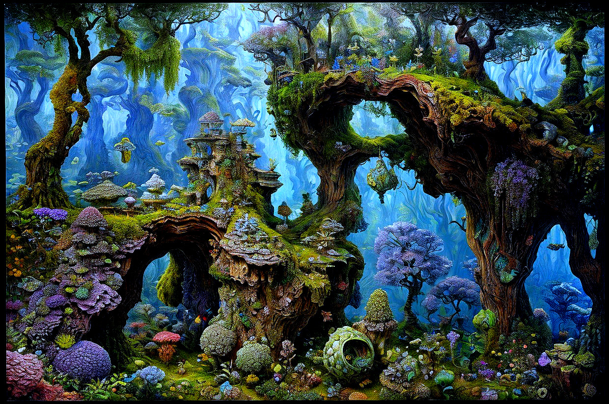 Vibrant Fantastical Forest with Lush Trees and Mushrooms