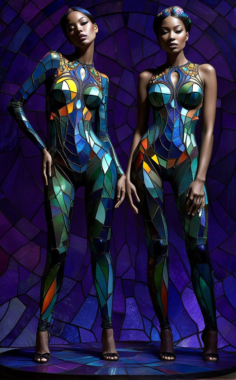 Models in Vibrant Stained Glass-Inspired Bodysuits