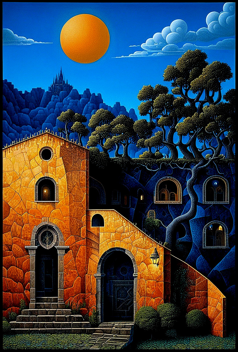 Vibrant landscape with whimsical building and surreal sky