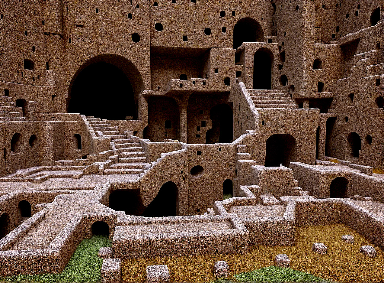 Surreal Cave Structure with Staircases and Archways