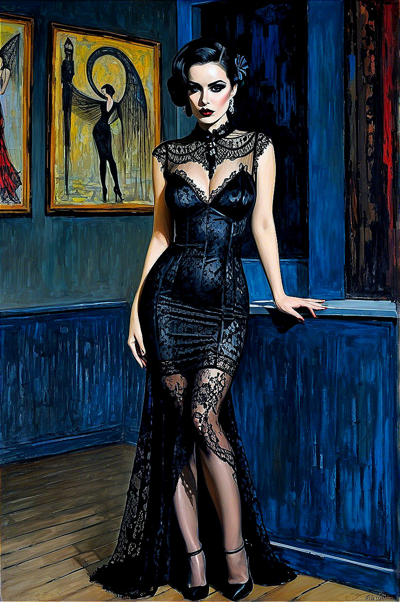 Woman in Black Lace Dress Against Dark Blue Walls