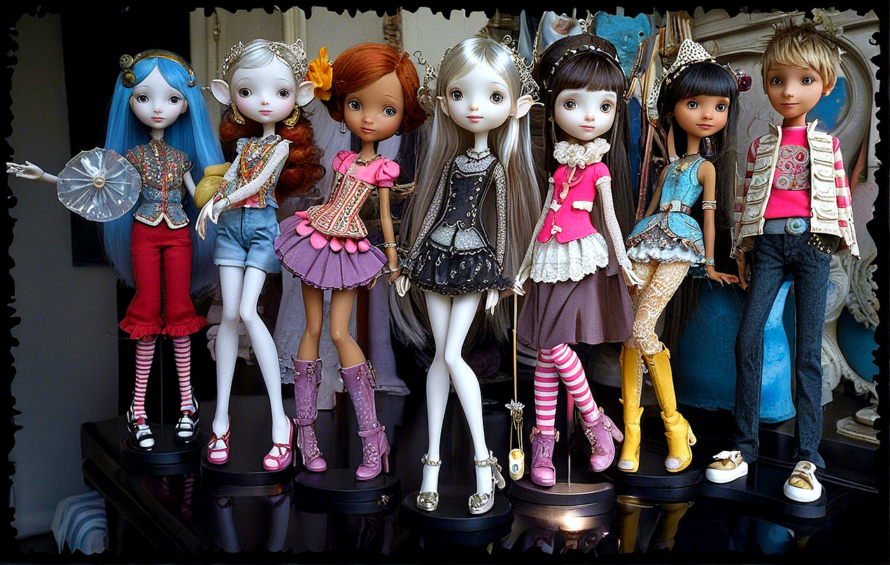 Display of Seven Stylish Dolls with Unique Outfits