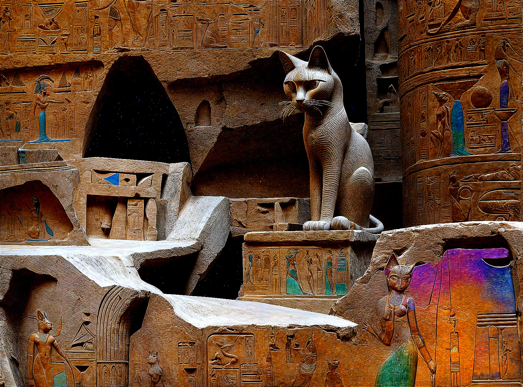 Majestic Cat Statue on Pedestal with Hieroglyphics