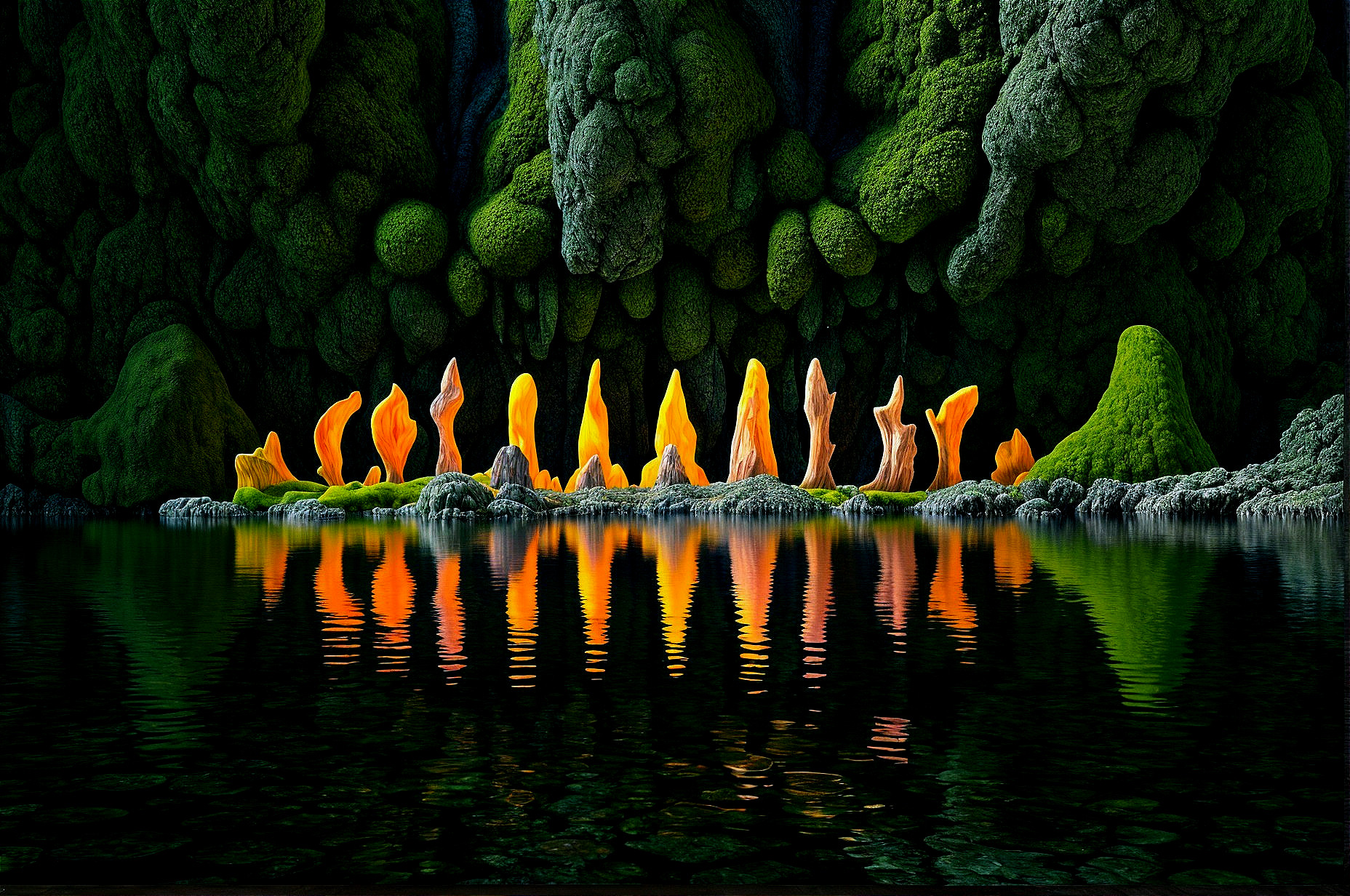 Surreal Landscape with Glowing Orange and Yellow Formations
