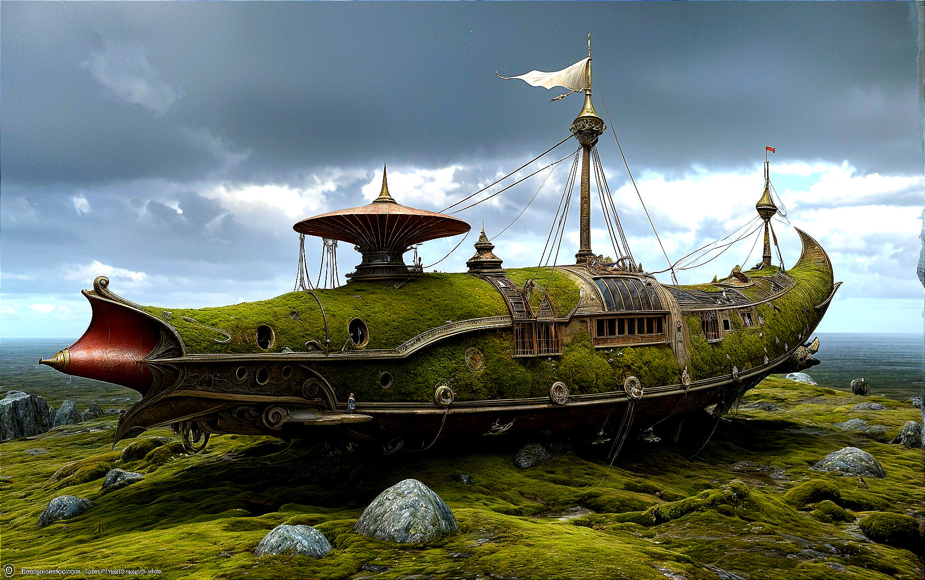 Steampunk Ship in Grassy Landscape Under Dramatic Sky
