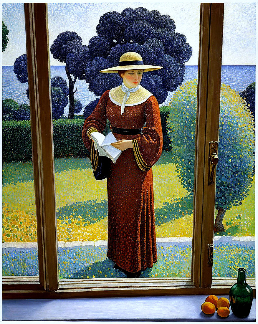 Young Woman in Sunlit Room with Scenic View