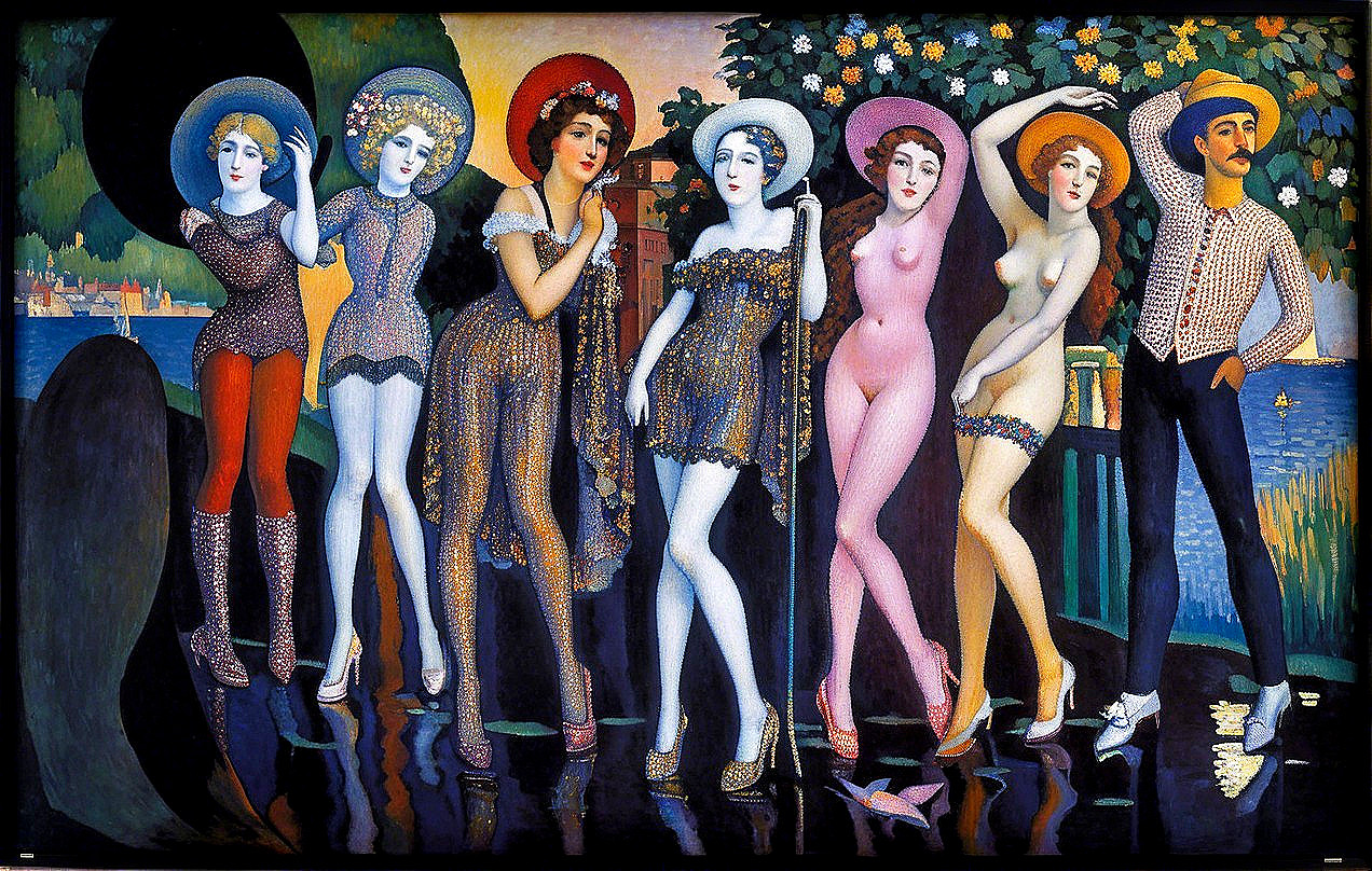 Colorful Painting of Seven Elegantly Dressed Figures