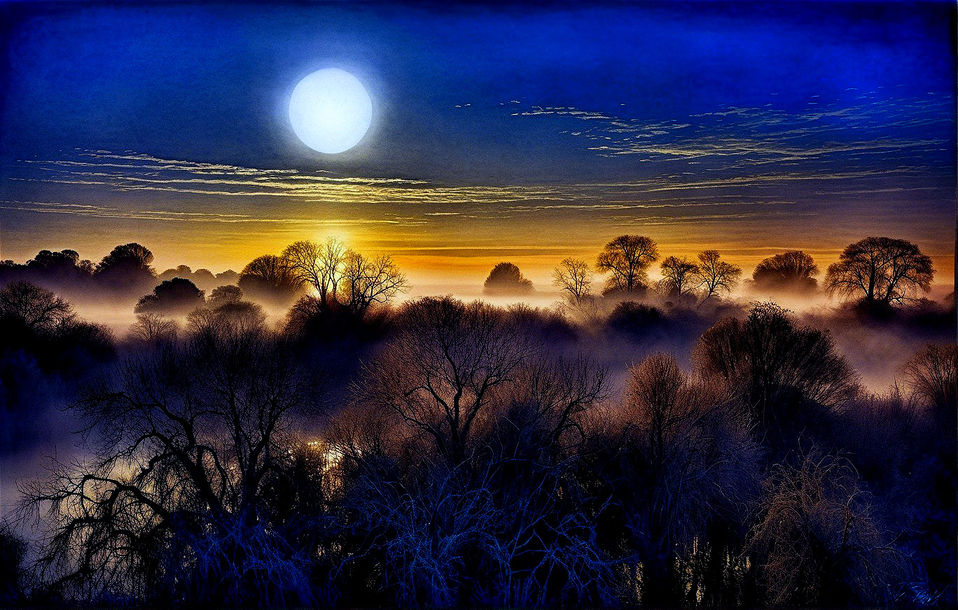 Twilight Landscape with Full Moon and Foggy Reflections