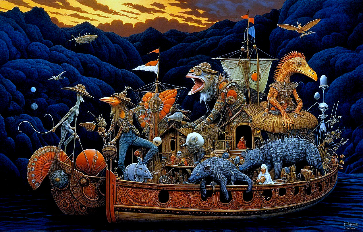 Steampunk Ship with Anthropomorphic Animals in Fantasy Setting