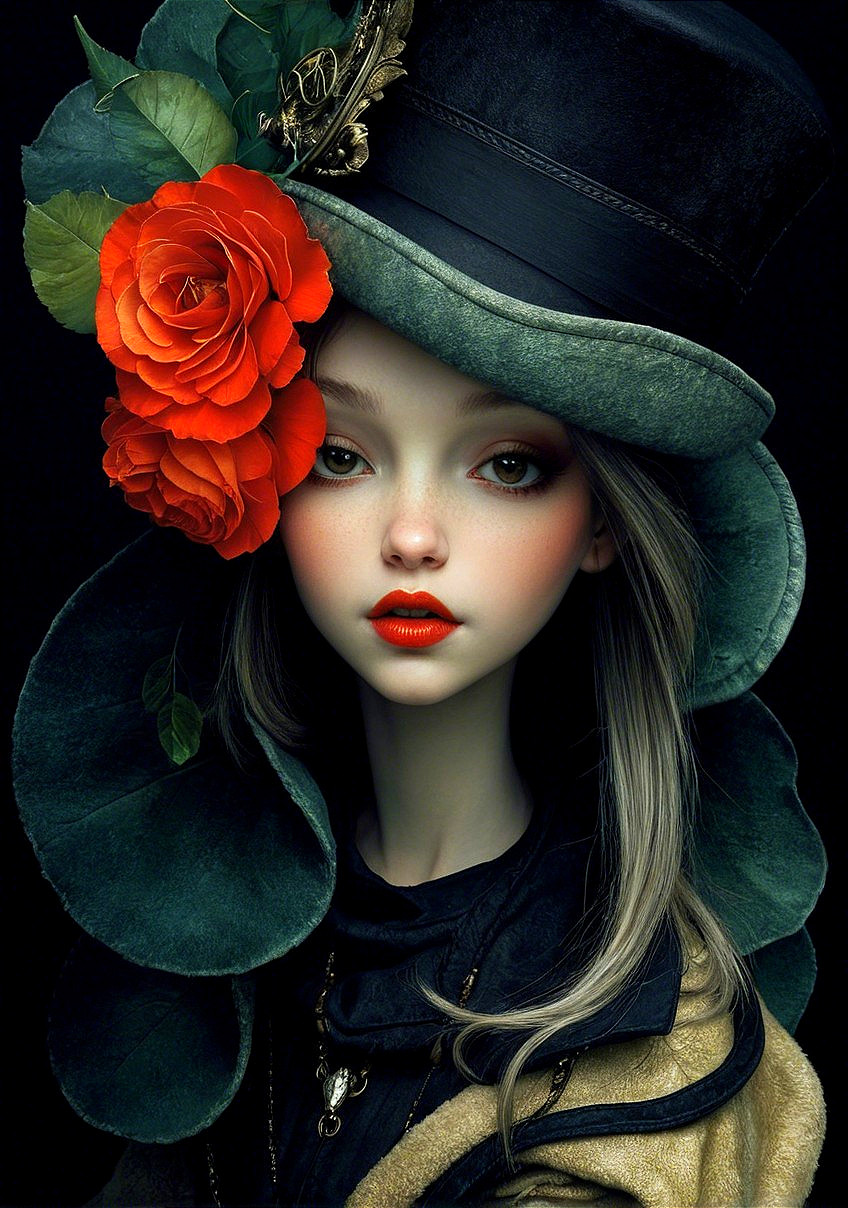 Portrait of a Young Woman in Dark Green Top Hat