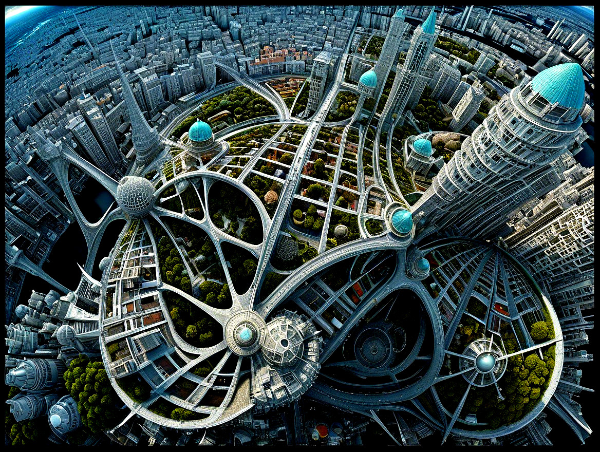 Futuristic Cityscape with Skyscrapers and Greenery