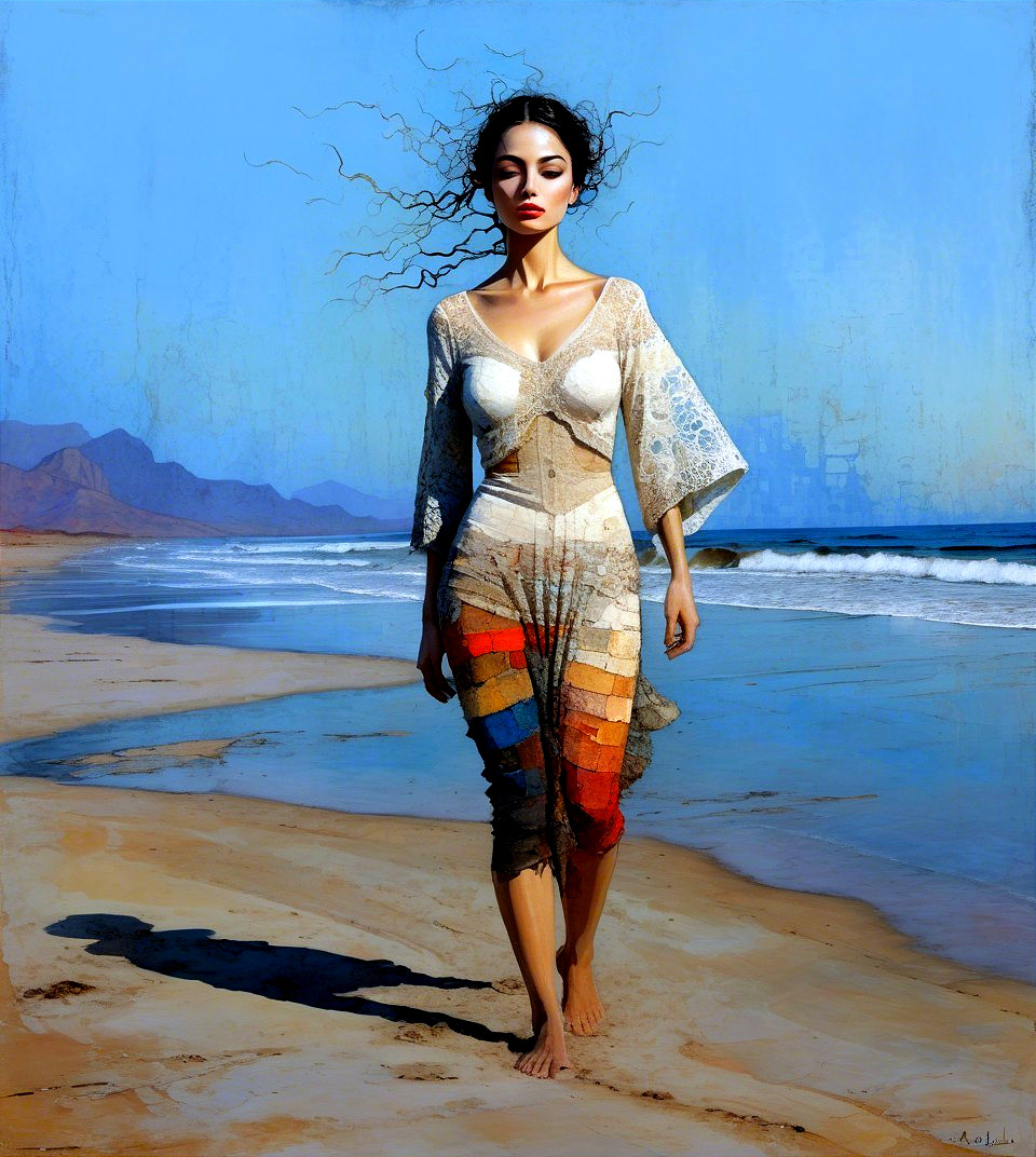 Woman in a flowing dress on a serene beach at sunset