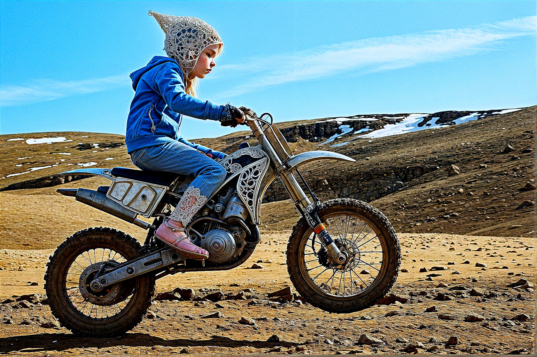 Young Girl Riding Dirt Bike in Barren Landscape