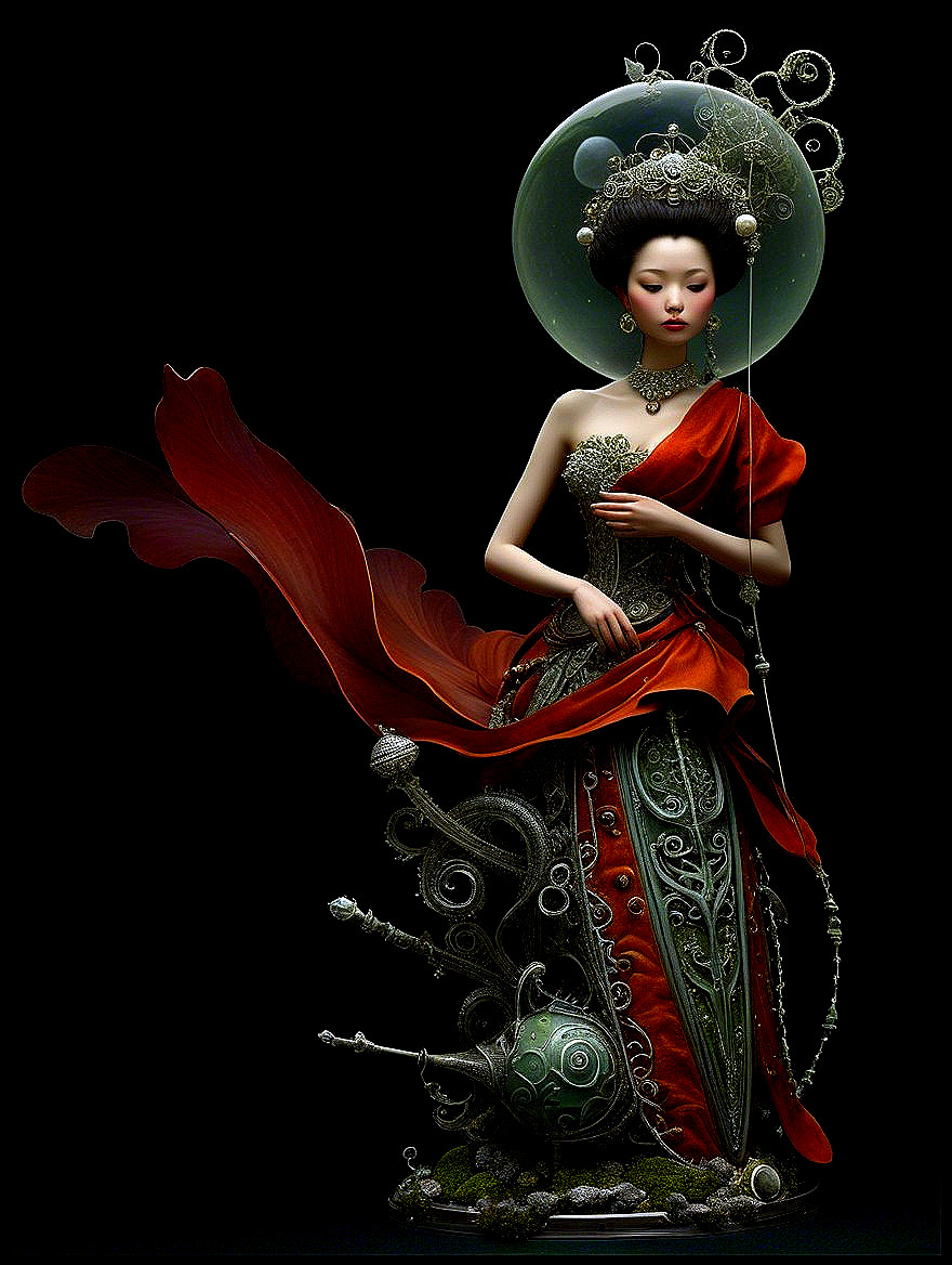Ethereal Figure in Red Garment with Mystical Aura