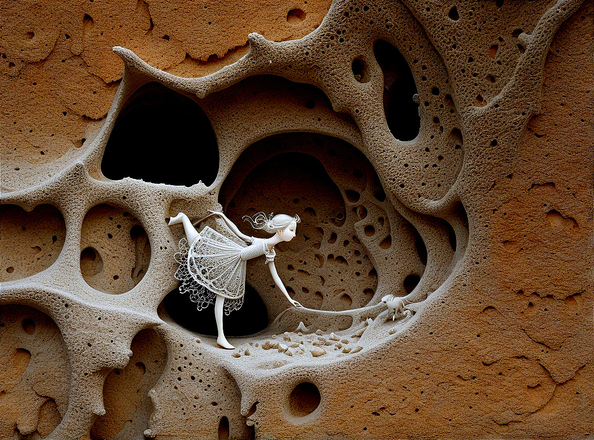 Whimsical Exploration in a Textured Cavern Scene