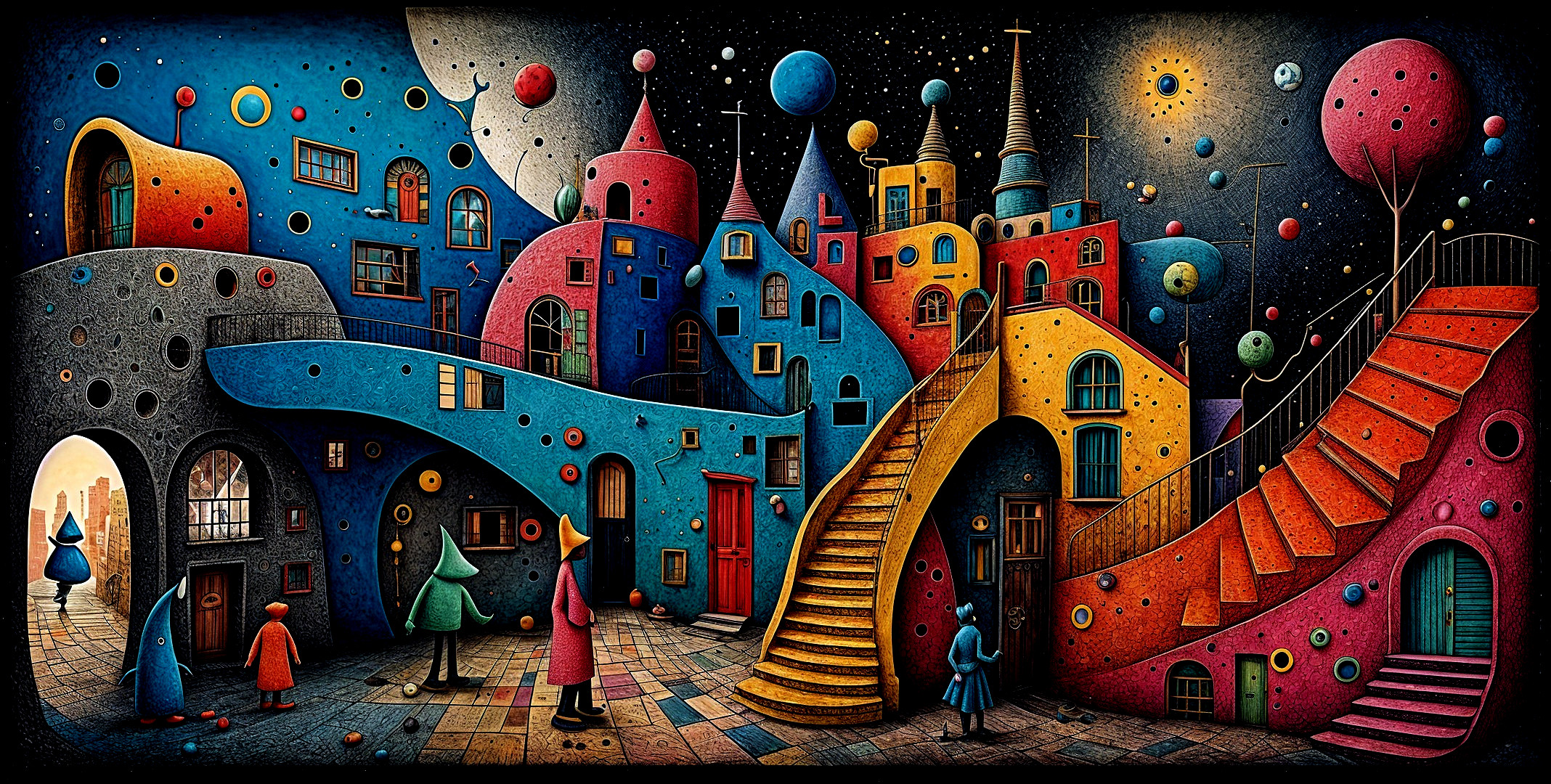 Whimsical Nighttime City Scene with Colorful Houses