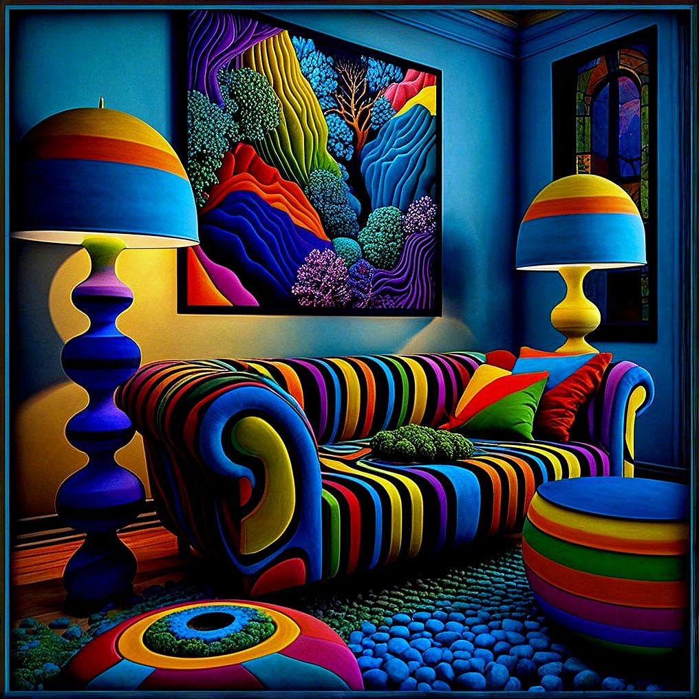 Vibrant Living Room with Striped Sofa and Colorful Decor