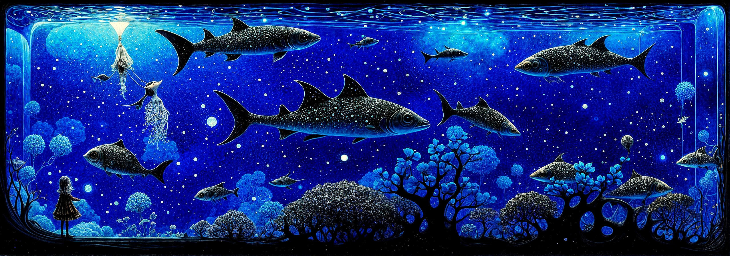 Surreal Underwater Scene with Fish and Jellyfish