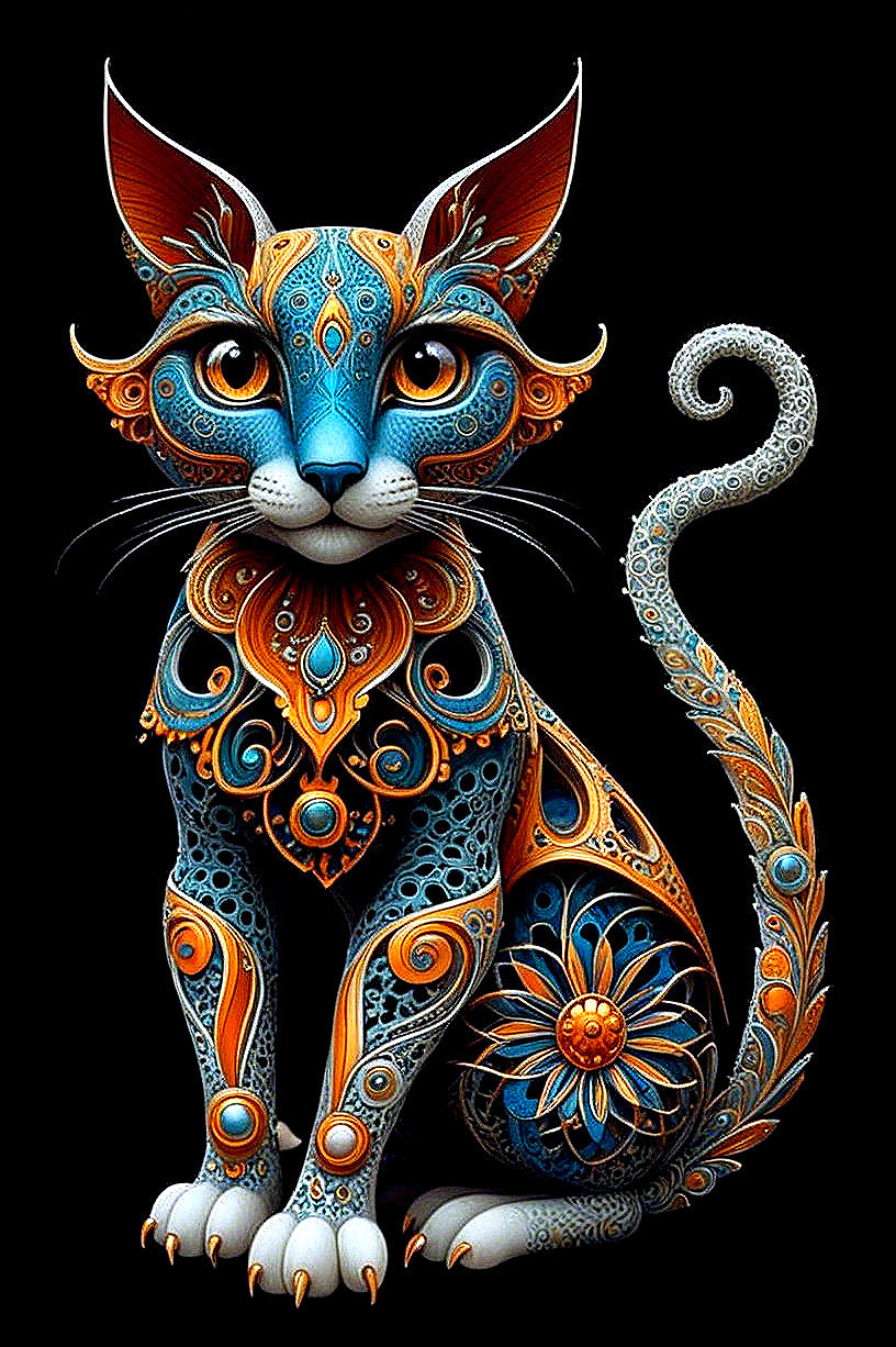 Intricate Blue and Orange Cat Figure with Patterns