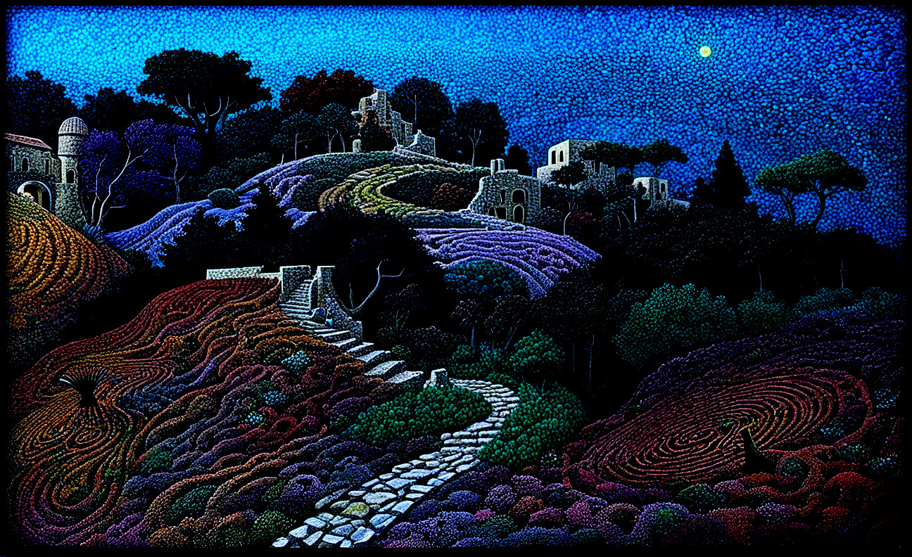 Vibrant Night Scene with Hills, Ruins, and Stars