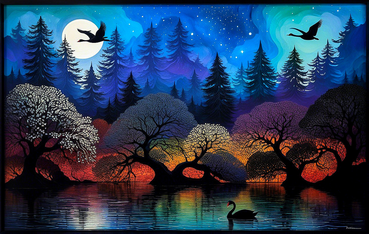 Twilight Landscape with Silhouettes and Serene Lake
