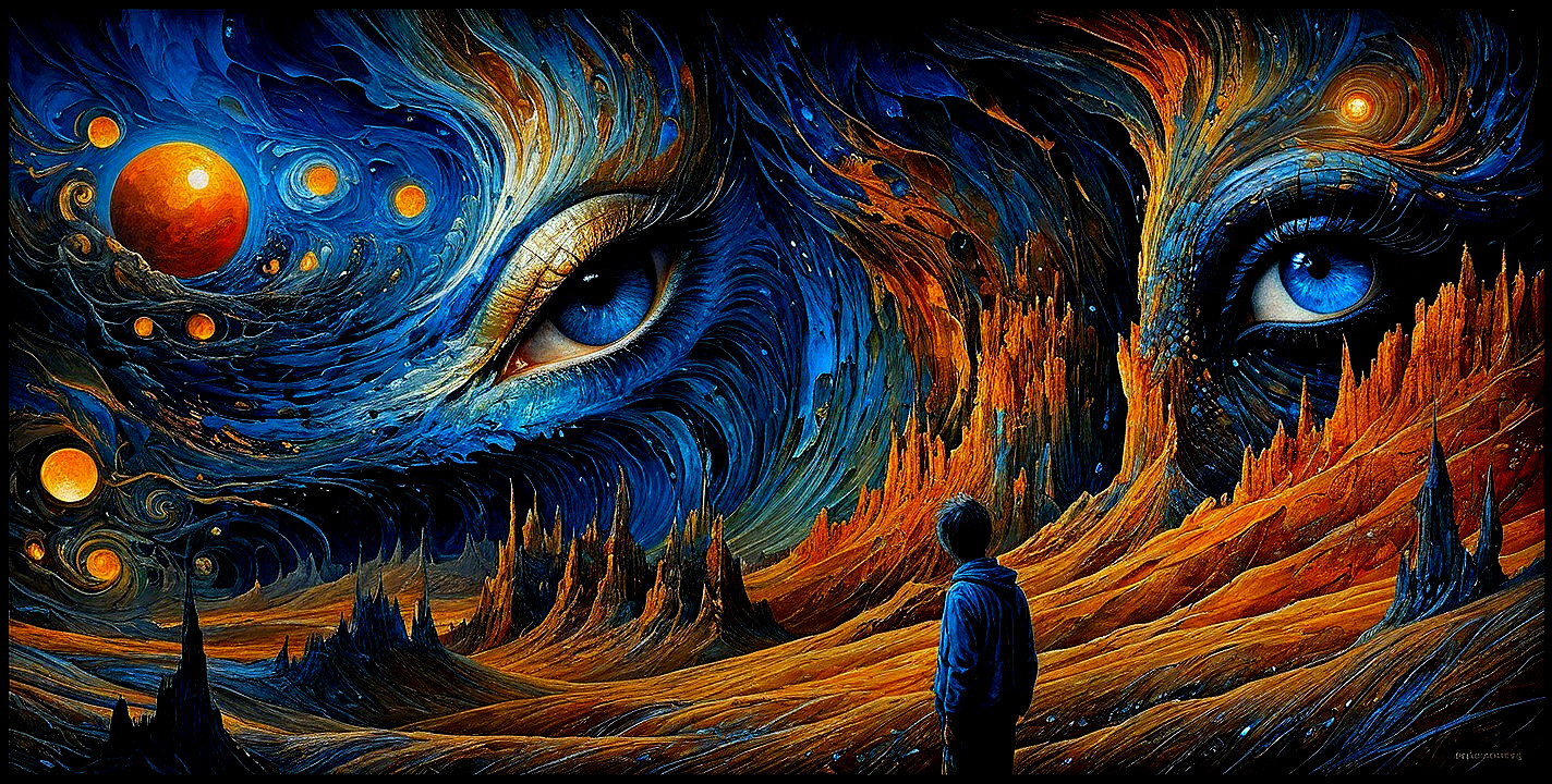 Cosmic Landscape with Eyes and Contemplative Figure