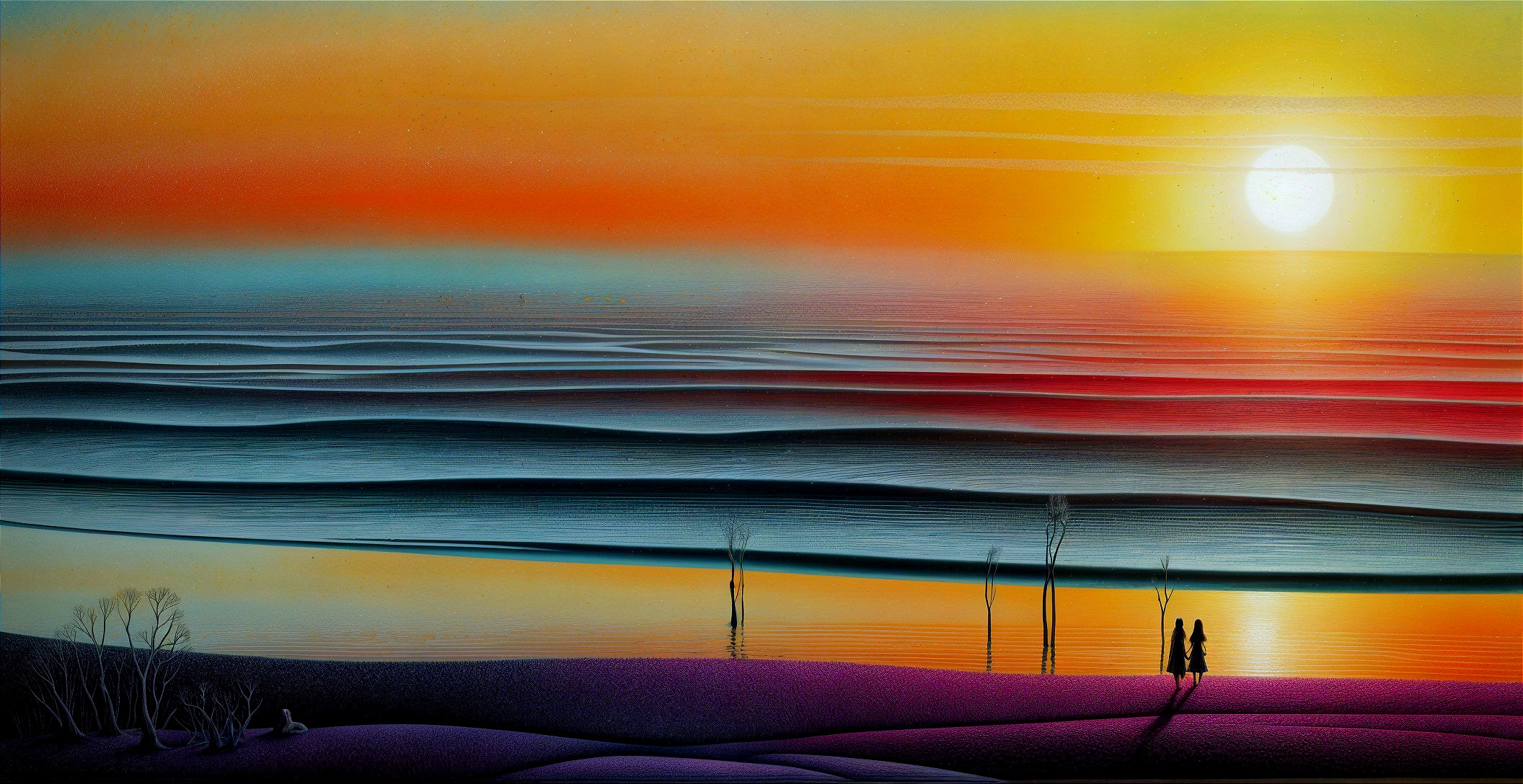Serene Sunset Landscape with Silhouetted Figures
