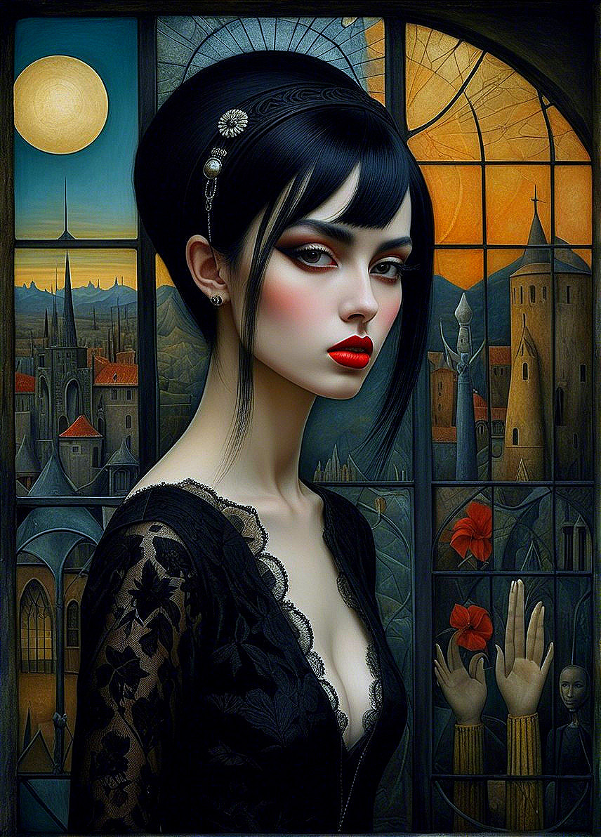 Mysterious Woman in Elegant Dress Against Cityscape