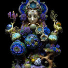 Sculpture of Central Figure in Blue Attire and Patterns