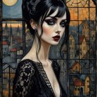 Mysterious Woman in Elegant Dress Against Cityscape