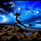 Young girl leaping in a surreal starry landscape
