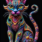 Intricate Blue and Orange Cat Figure with Patterns